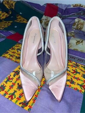 Pink Pointed-Toe Satin Pumps with Clear Panels